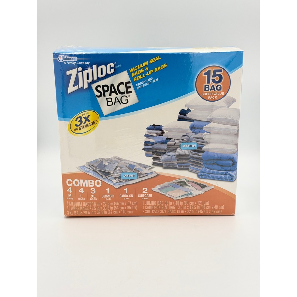 Ziploc Space Bag 15 Pack Vacuum Seal Storage Bags Roll Up Travel New